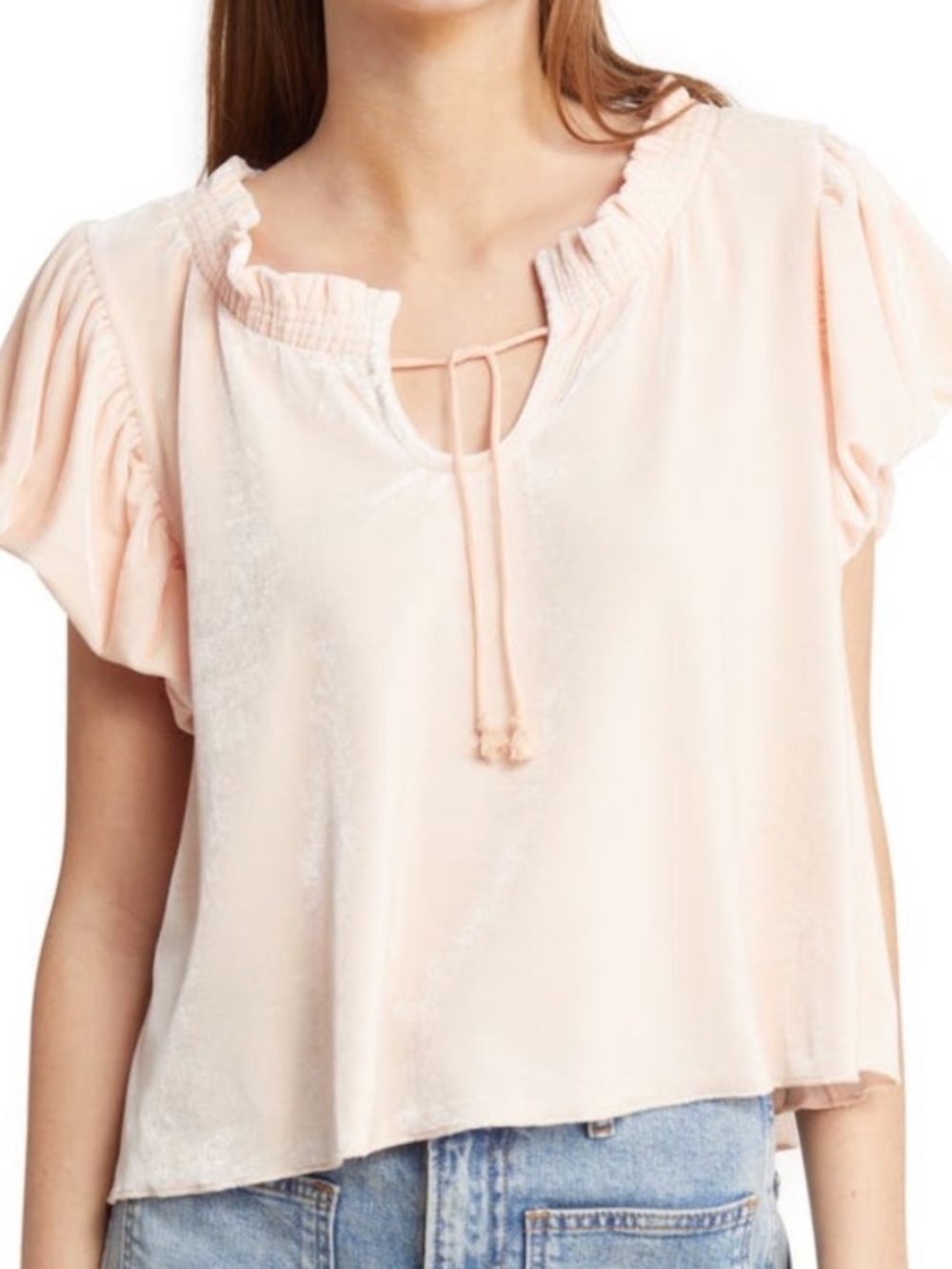Free People Terese Velour Top Pink Tint Flutter Sleeve Blouse NWT Large